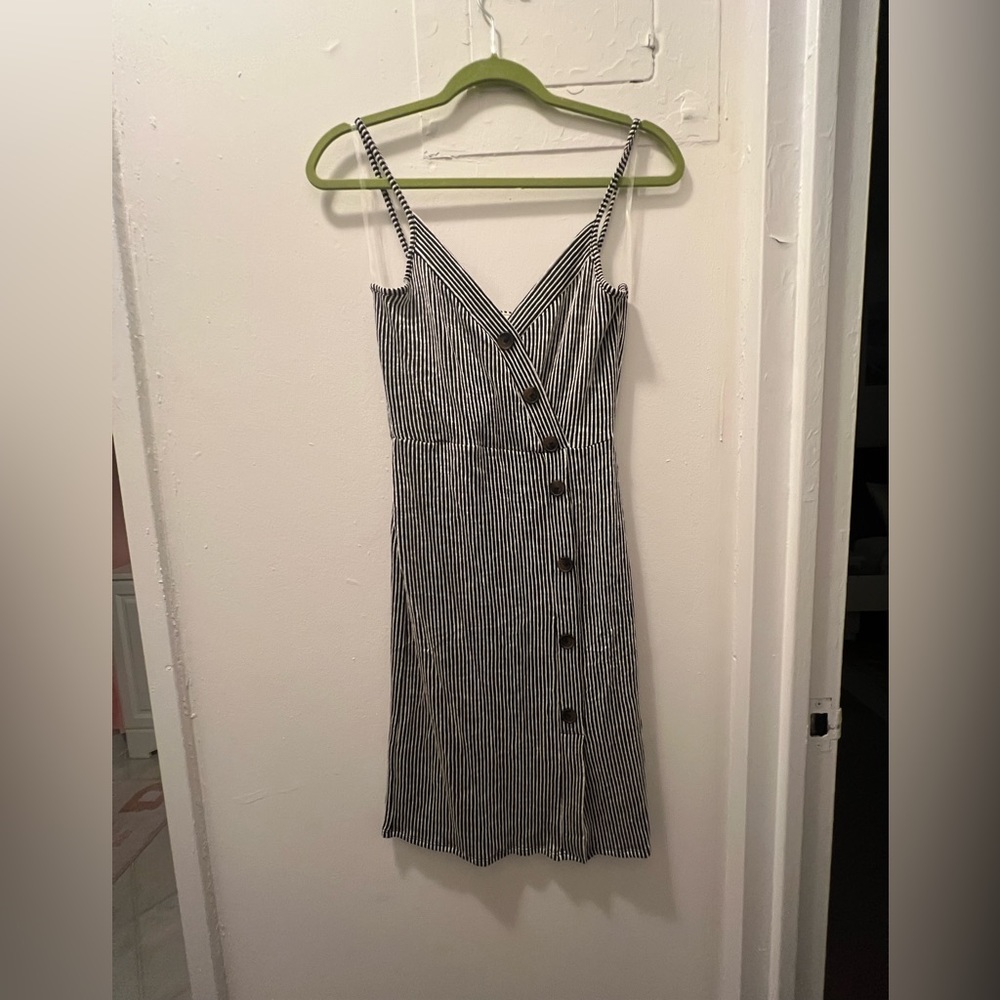 Navy and white striped asymmetrical button down midi dress